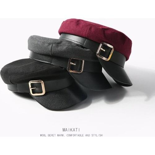 Fashion PU Leather Military Hat spring cotton Sailor Hat For Women Belt buckle Black Grey flat top Beret Newsboy Cap Captain Cap