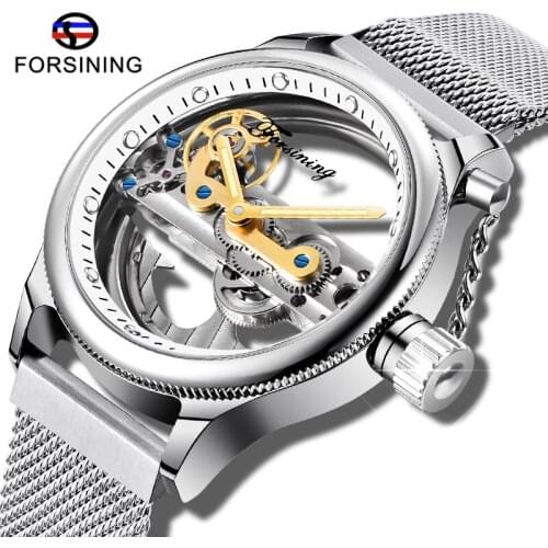 Fashion Forsining Transparent Open Work Mesh Steel Band Men Watch Silver Skeleton Automatic Mechanical Men Wristwatch