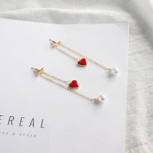 Creative Red Heart Drop Earrings Imitation Pearl Asymmetrical Tassels Earrings for girls Sweet Party Heart Earrings nice gift