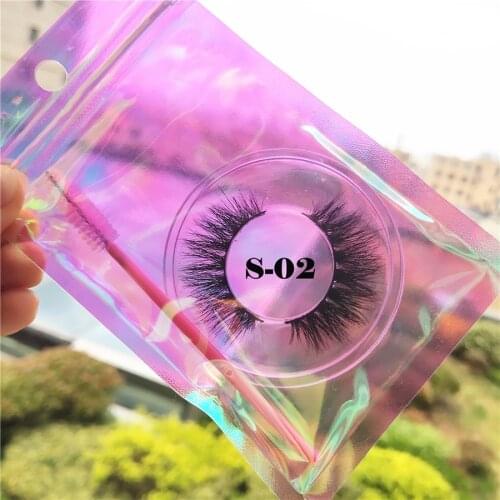 3D Mink Lashes Natural Wholesale Handmade Lash with Pink Holographic Plastic Packaging Box With Lash Brush