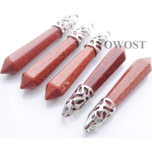 Wholesale 5Pcs Natural Gem Stone Hexagonal Column Pendant Golden Sand Jewellery Making DIY Necklace Jewelry Accessories QN3827