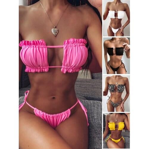 Sexy Bikini Pleated Ruffles Bandage Swimsuit Women Swimwear Thong Bikinis Set New Strapless 2 Piece Bathing Suit Female Biquini