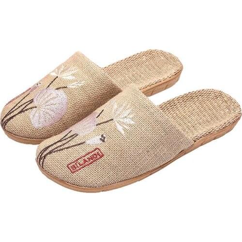 Fashion Fresh Womens Embroidered Linen Slippers Summer Home Breathable Hemp Slides Ladies Indoor Flax Shoes