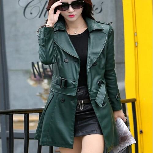 Spring Autumn PU leather trench coat womens long section of the slim temperament leather Jackets windbreaker womens coat