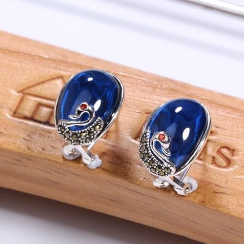 ZHJIASHUN Vintage 100% 925 Sterling Silver Sapphire Clip Earrings For Women Retro Peacock Blue Gemstones Stud Earrings Jewelry
