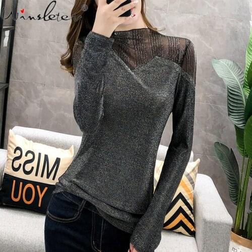Women tshirt Casual Fashion Mesh Gauze Patchwork Women Feminina Ladies Shiny Diamante T Shirts 2020 Spring/Autumn Clothe T07704B