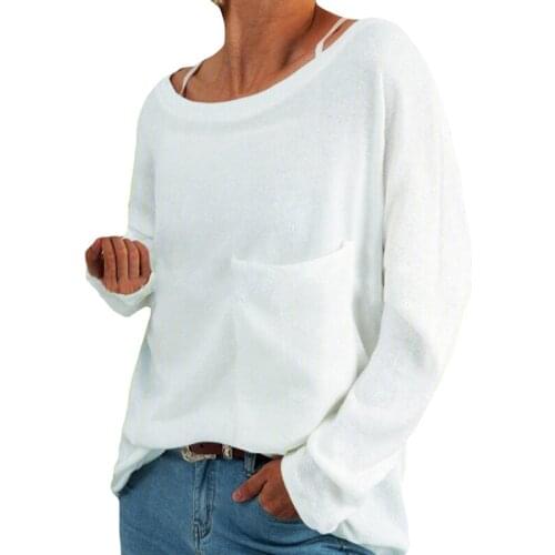 2020 Fall/Winter T-shirt Womens Knitwear European and American Fashion Round Neck Chest Pocket Womens Top Long Sleeve T-shirt