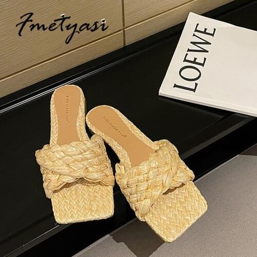 Women Slippers Home 2021 Summer Fashion Roman Rubber Slip-on Slingbacks Weave Indoor Slippers Shallow Non Slip Square Toe
