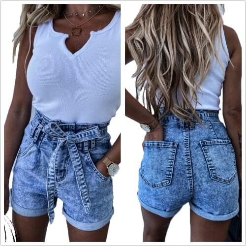 2021 Summer New High Waist Lace-up Denim Shorts For Women Fashion Snowflake Shorts Jeans XS-XL Wholesale Price Top Quality