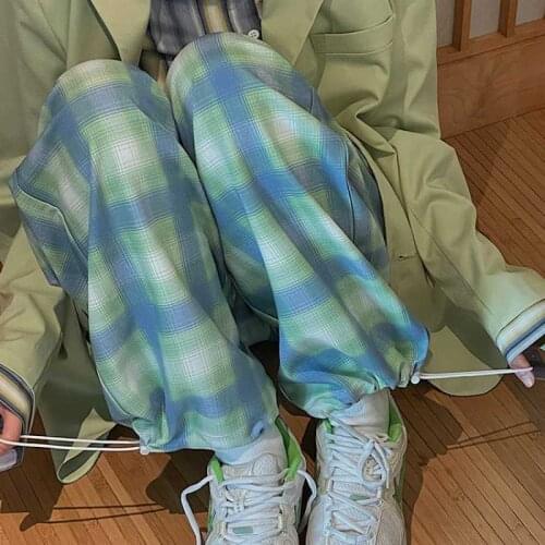 2021 Korean Fashion Plaid Pants Streetwear Women Loose Casual Elastic Waist Womens Sports Pants Wide Leg Trousers for Female