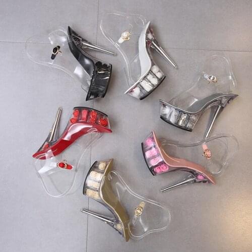 Shoes Woman New 2019 Summer High heels 15cm High Thin Heels Rose Flowers 6 Color Transparent Crystal Sandalia feminina Ladies