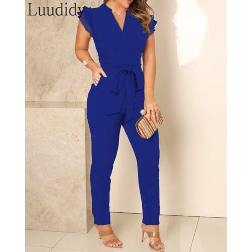 Women Casual Solid Color Ruffles Pocket Design Jumpsuit with Belt