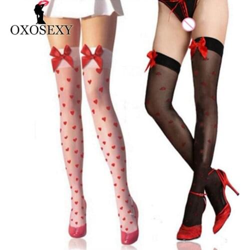 New White black bow Women Sexy Stockings love heart Stocking Breathable thin Thigh High Stockings over knee Sexy Lingerie 359