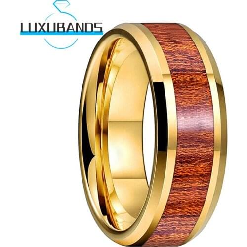 Gold 8MM Tungsten Wedding Rings For Men Women Beveled Edges Wood Inlay Polished Finished Comfort Fit