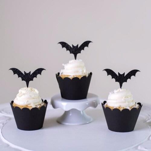LISM 12pcs Wrappers + 12pcs Toppers Halloween Party CupCake Holders Cake Paper Decoration Suppliers Blood Knives Bat Cards