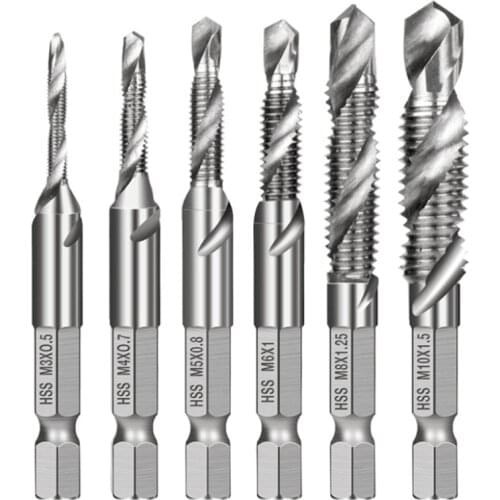 6pcs M3-M10 Screw Tap Drill Bits HSS Taps Countersink Deburr Set Metric Combination Bit 1/4Inch Hex Shank Quick Change