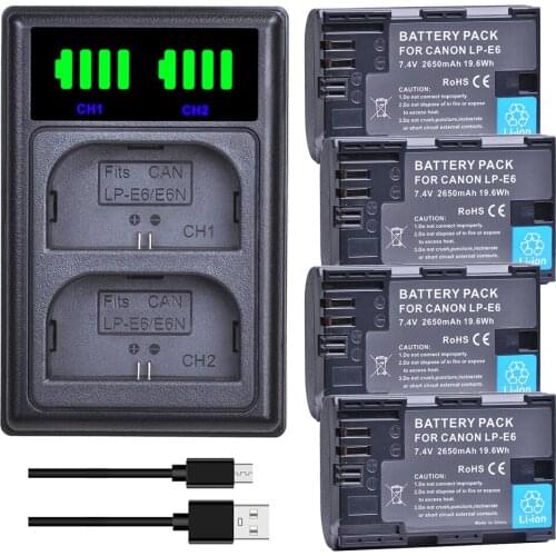 4Pcs 2650mAh LP E6 LPE6 LP-E6 E6N Batteries + LED Dual Charger For Canon EOS 5DS R 5D Mark II 5D Mark III 6D 7D 80D EOS 5DS R Ca