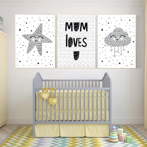 Nursery Moon Loves Quote Wall Art Kids Chidren Canvas Painting Point Cloud Star Printed Pictures for Baby Bathroom Home Decor