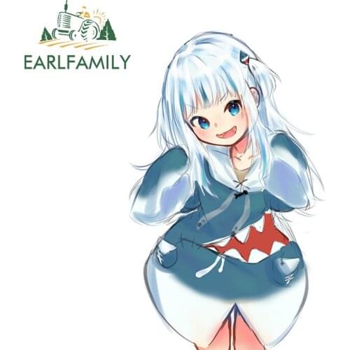 EARLFAMILY 13cm x 8.6cm For Gawr Gura Shark Car Styling Stickers Waterproof Decal Creative Sunscreen Vinyl Car Wrap Decor