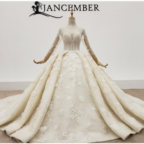 HTL1378 Transparent O Neck Wedding Dress 2020 Sleeves With Pearl And Transparent Bead Under Sancha Flowers Wedding Dress