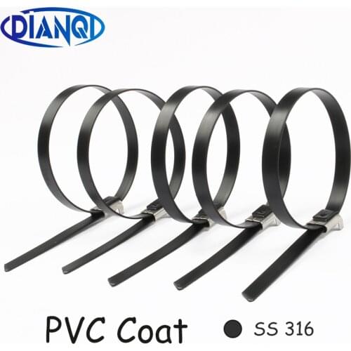 10Pcs SS316 8*250 Stainless Steel Zip PVC coating Strong Stainless Steel Grade Metal Cable Ties Zip Tie Wraps Free Shipping