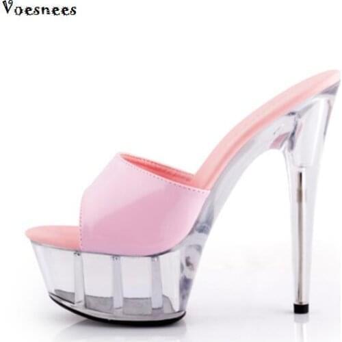 Summer Women High Quality Slides Sandals Sweet Ultra High Heels 15CM Transparent Crystal Shoes Wedding Shoes Pink Waterproof