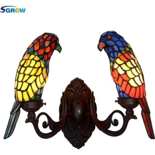 SGROW Stained Glass Parrot Wall Lamp European Style Art Tiffany Lights Indoor Lighting Fixture for Bedroom Dining Room Aisle