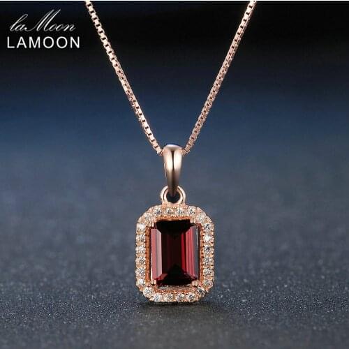 LAMOON 925 Sterling Silver Necklace Rectangular Red Garnet Gemstone Pendant 18K Rose Gold Plated Fine Jewelry LMNI053