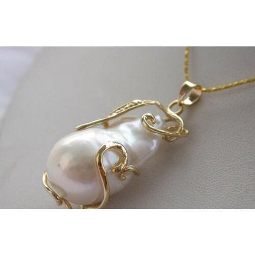 Stunning 16mmx28mm baroque white keshi reborn pearl chain pendant