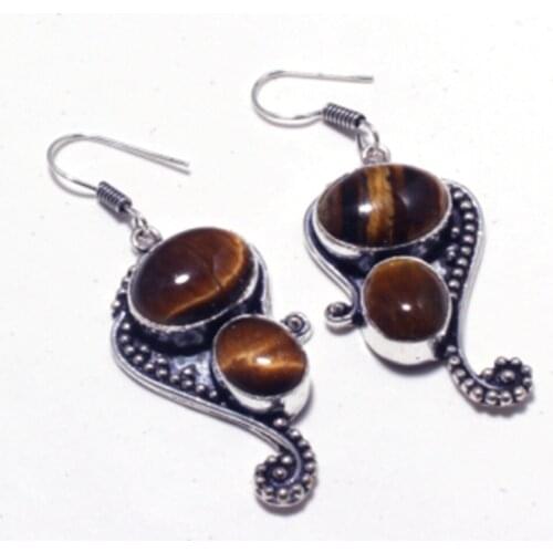 Nature Tiger Eye Silver Overlay on Copper Earrings Hand made Women Jewelry Gift