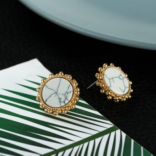 New Arrival Antique Gold Stud Earrings Sun Round Geometric Natural Stone Black White Earring Exquisite Party Birthday Gift