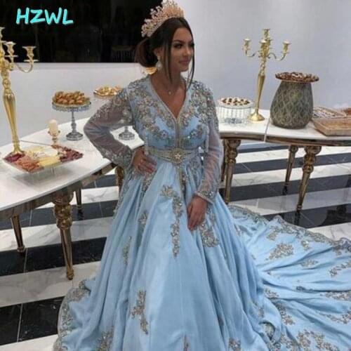 Light Sky Blue Moroccan Caftan Evening Dresses Long Sleeve Appliques Crystals Pearls Beaded Arabic Muslim Prom Party Gowns