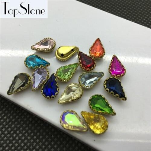 TopStone 48pcs 6x10mm 8x13mm Sew on Teardrop Glass Crystal Fancy Stones In Lace Brass Claw 4holes Settings For Jewelry making