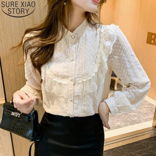 2021 Autumn Gentle Cotton Causal Shirt Sweet Chiffon Blouse with Lace Women Tops Elegant Apricot Button Long Sleeve Shirts 16979