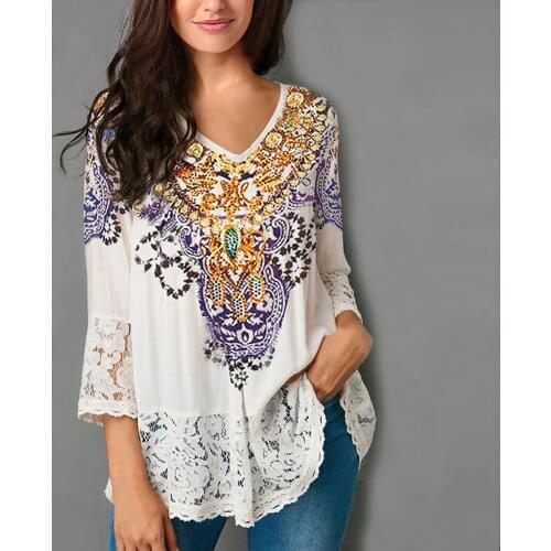 Women Loose Blouse Three Quarter V-Neck Tops Lace Blouse Casual blusas mujer de moda 2021 womens tops and blouses camisas NEW