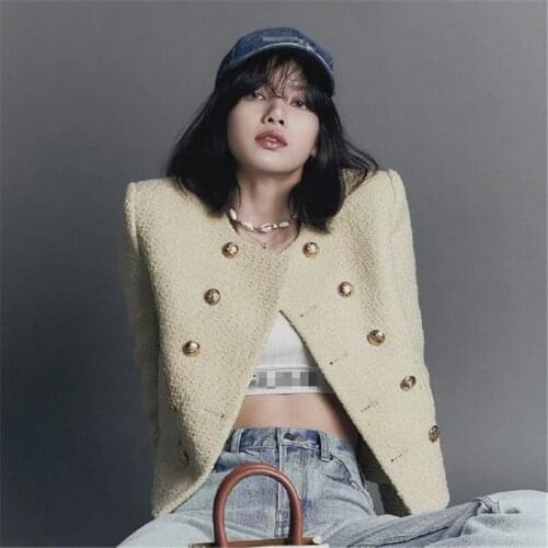 Kpop IU Seo Yea Ji Winter Warm Double-Breasted O-Neck Jackets Tweed Slim Coat Women Streetwear Vintage Oversize Outerwear Tops