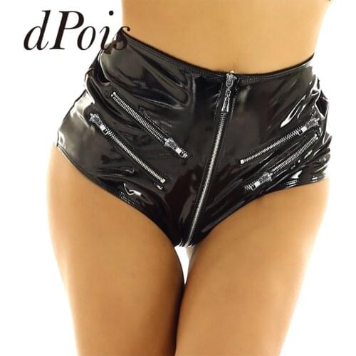 Womens Ladies High Waisted Front Zip Up Skin-tight Wet Look Patent Leather Booty Shorts Hot Pants Soft Clubwear for Night Party