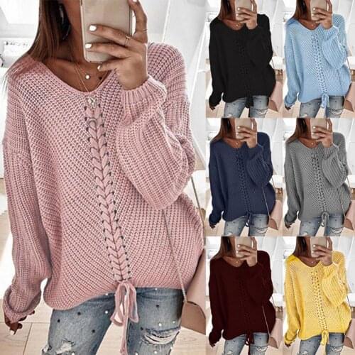 Women Sweaters Pullovers 2021 Autumn Winter Women Solid Color V Neck Bandage Long Sleeve Sweater Jumper Top Plus Size