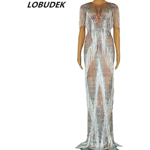 Sexy Sleeveless Sparkly Rhinestones Tassels Long Dress Evening Party Stage Women Singer Host Performance Dress Birthday Dresses