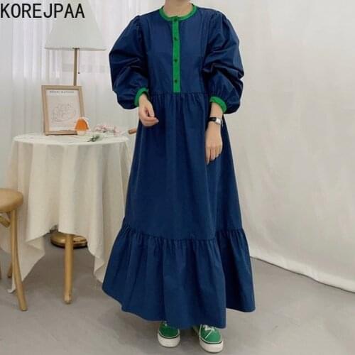 Korejpaa Women Dress 2021 Early Autumn French Round Neck Contrast Stitching Small Breasted Pleated Ruffled Puff Sleeve Vestidos