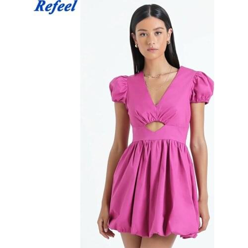 Sexy Rose Red Deep V Neck Summer Vestidos Retro Hollow Out Waist Dresses Slim Cap Sleeve Pleated Dress