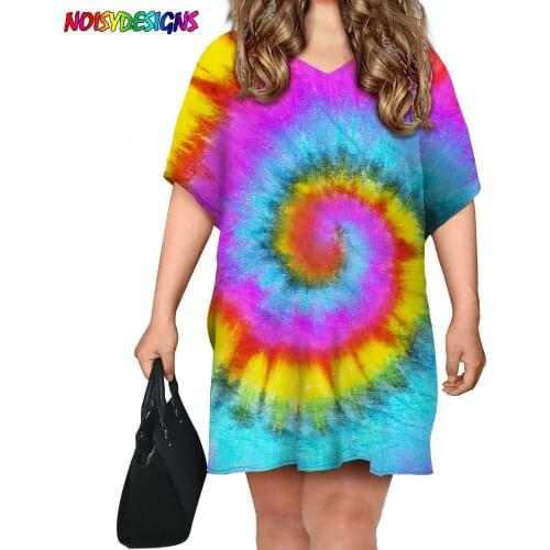 NOISYDESIGNS Tie Dye Prints T-shirt Dress Women Loose Plus Size Clothing 2021 Summer Fashion Oversize Womans Dress Streetwear