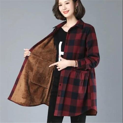 Winter Clothes Women Warm Plus Velvet Thick Plaid Casual Blouse Female Plus Size Loose Long Sleeve Jacket Ladies Vintage Shirts