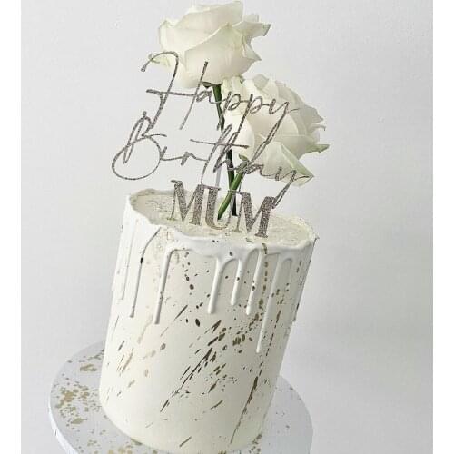 Birthday Acrylic Cake Toppers Glitter Silver Happy Birthday Mum Cake Topper for Mothers Birthday Party Cake Decoration Supplies