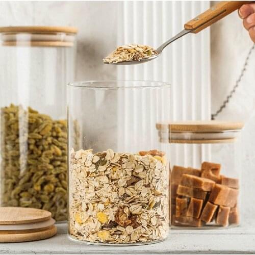 Bamboo Lid Sealed Jar Glass Storage Container Tea Coffee Beans Spice Sugar Can Kitchen Cereal Sealing Organizer Jars