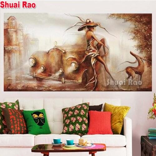 Large 5d diy diamond painting abstract fantasy painting woman and car full mosaic square round embroidery rhinestone wall decor