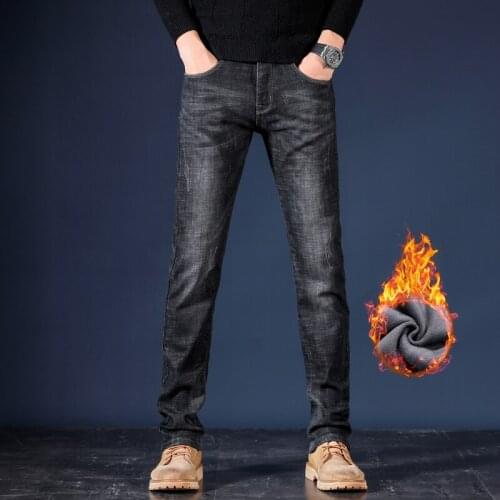 MenS Pants Jeans Winter Warm Black Blue Slim Business Denim Trousers Biker High Quality Male Straight Casual Designer