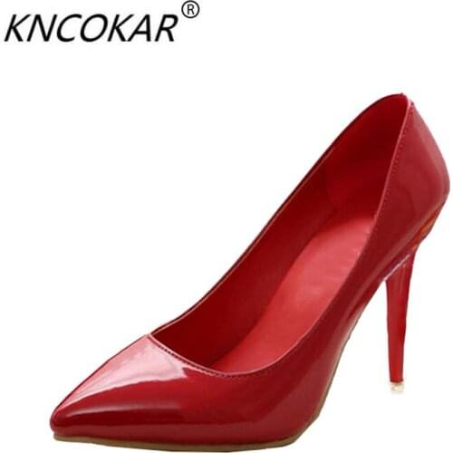 Europe And The United States 10cm Female Nude Pointed Heels With Fine Spring Shallow Mouth Sexy Black Patent Leather Work S