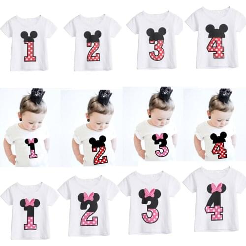 Girls T-Shirt Polka Dots Mouse Cotton Short Sleeves Tees Boy Clothes Number 1 2 3 4 Years Birthday Party Shirt Tops Girl Clothes