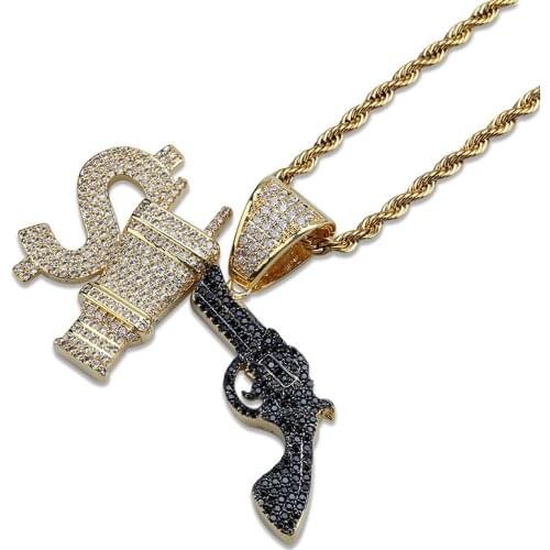Hip Hop Micro Paved AAA+ Cubic Zirconia Iced Out Bling Gun Plug US Dollar Pendants Necklace for Men Rapper Jewelry